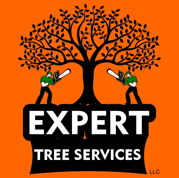 The Expert Tree Services logo: a broad hardwood in full leaf with a sawyer cutting at either side of the trunk, above a stump slab carrying the company name.